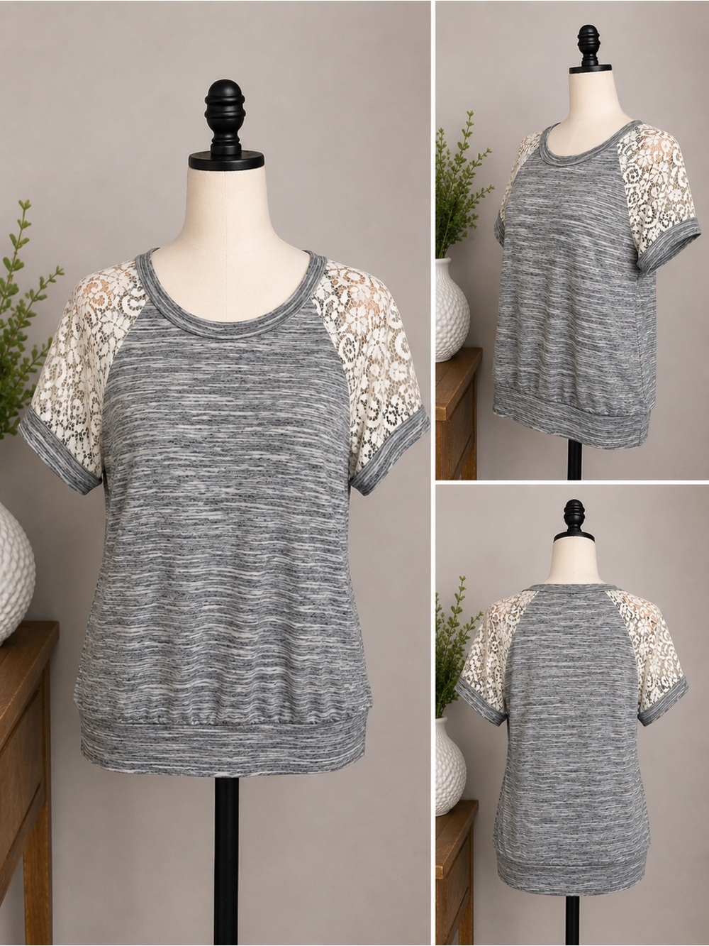 Le Lis Gray Marled Lace Sleeve Top Women’s Short Sleeve Raglan Tee Boho Size M